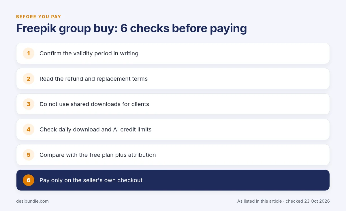 Checklist of 6 things to check before buying a Freepik group buy