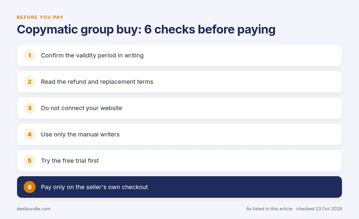 Is Copymatic group buy safe? Checklist of 6 things to check before buying a Copymatic group buy
