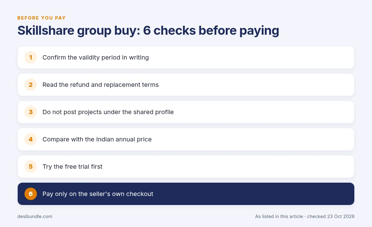 Is Skillshare group buy safe? Checklist of 6 things to check before buying a Skillshare group buy
