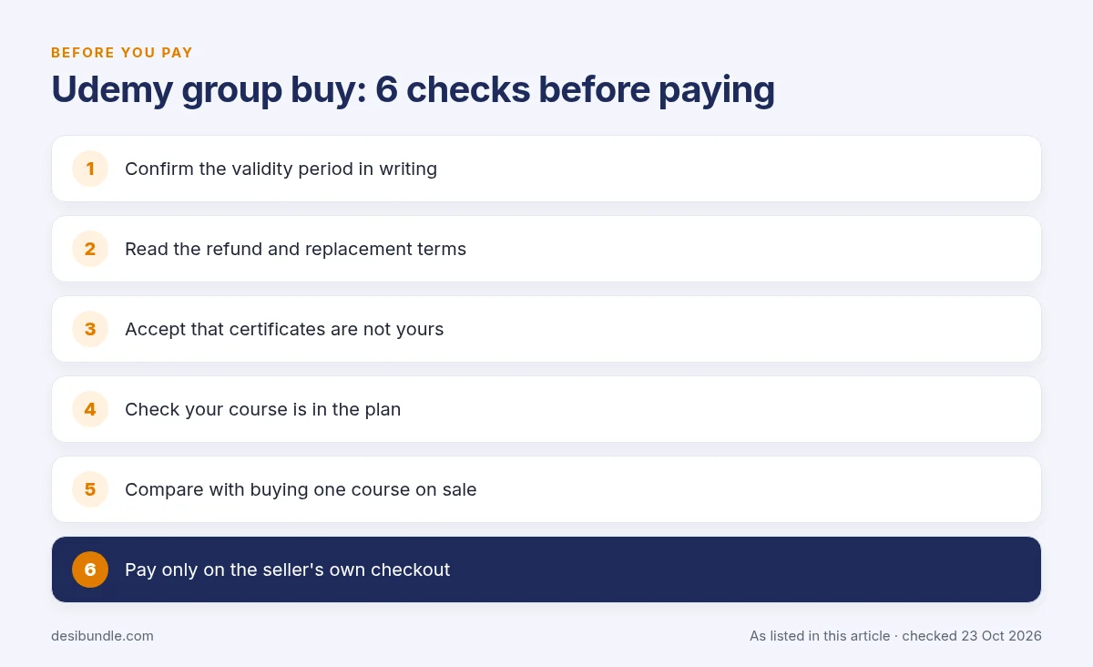 Checklist of 6 things to check before buying a Udemy group buy